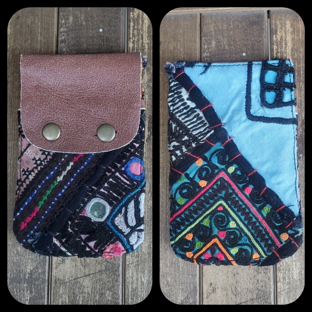 🍳🧠 Free People Boho Embroidered Repurposed vtg banjara hippie Wallet card case